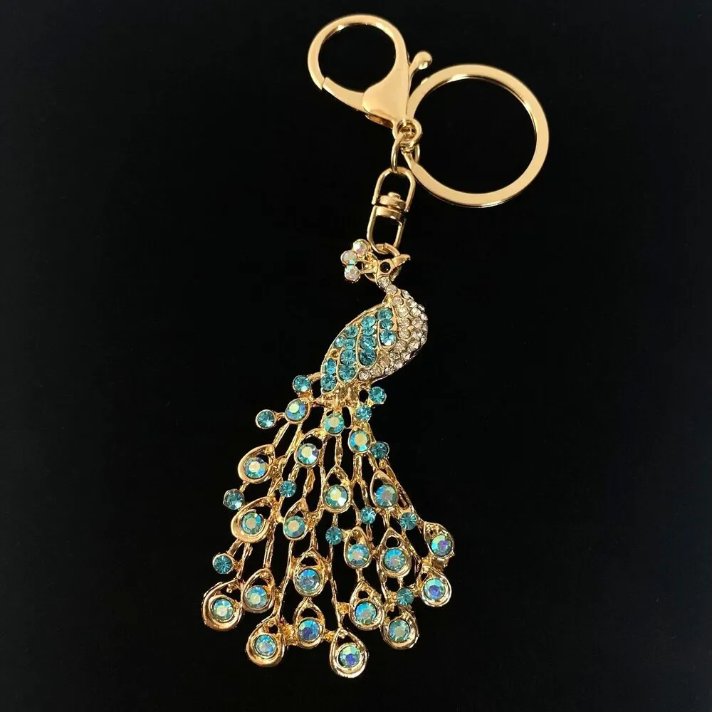 Peacock Rhinestone Charm Keychain Key Holder Multicolor Gold Tone Metal New